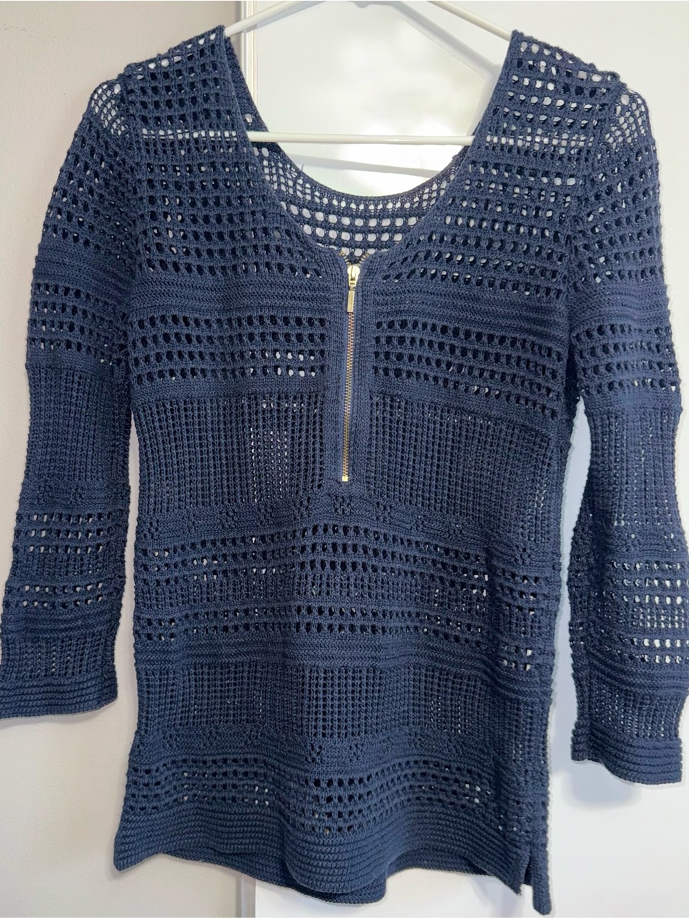 Women's Navy Crochet Zip-Front Sweater